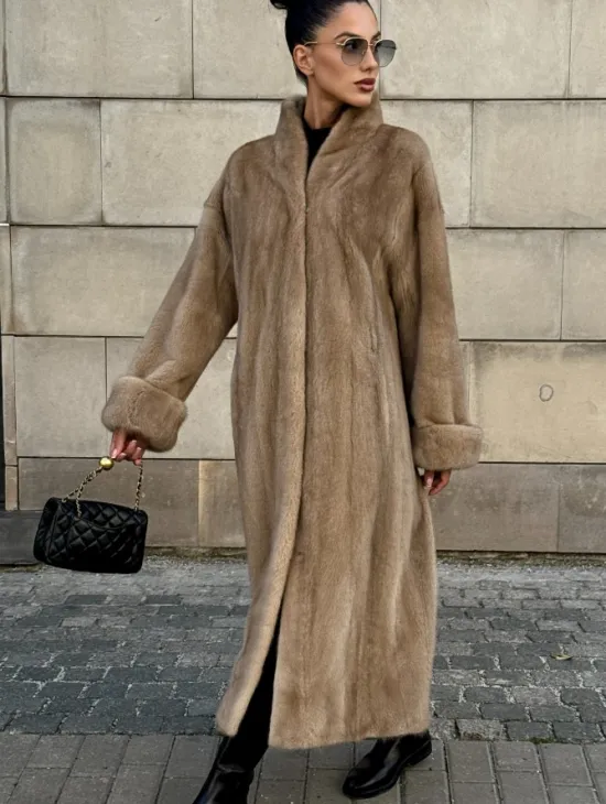 Норковая шуба цельный мех стойка воротник - цвет Caramel