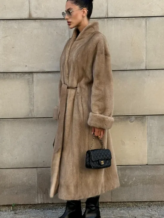 Норковая шуба цельный мех стойка воротник - цвет Caramel