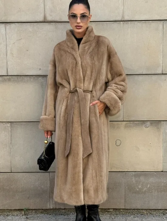 Норковая шуба цельный мех стойка воротник - цвет Caramel