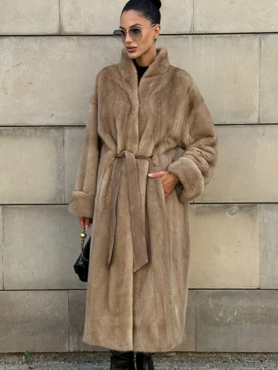 Норковая шуба цельный мех стойка воротник - цвет Caramel