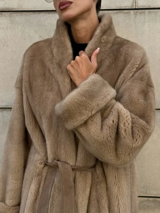 Норковая шуба цельный мех стойка воротник - цвет Caramel