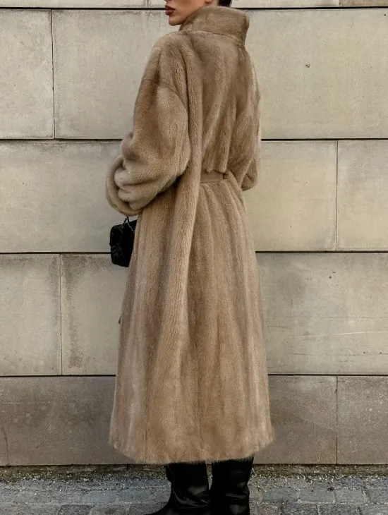 Норковая шуба цельный мех стойка воротник - цвет Caramel