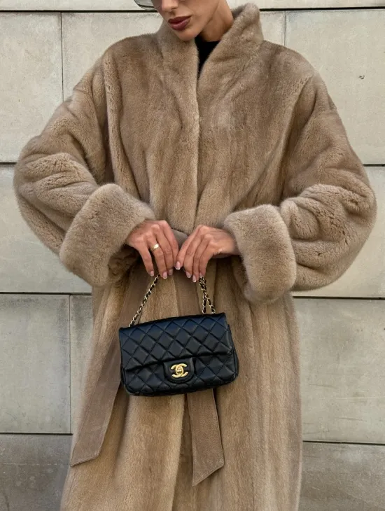 Норковая шуба цельный мех стойка воротник - цвет Caramel