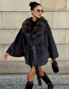 Летучая мышь из меха норки с воротником из куницы - цвет темный графит