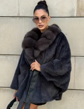 Летучая мышь из меха норки с воротником из куницы - цвет темный графит