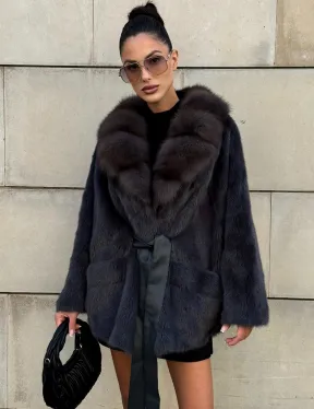 Летучая мышь из меха норки с воротником из куницы - цвет темный графит