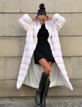 Норковая шуба с поясом, стойка воротник - цвет колотый лед