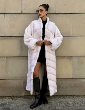 Норковая шуба с поясом, стойка воротник - цвет колотый лед