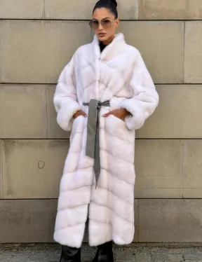 Норковая шуба с поясом, стойка воротник - цвет колотый лед