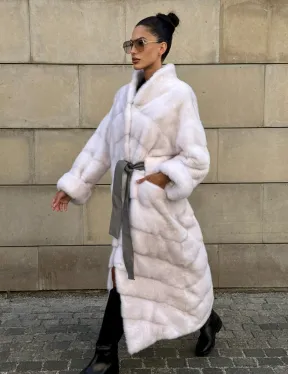 Норковая шуба с поясом, стойка воротник - цвет колотый лед