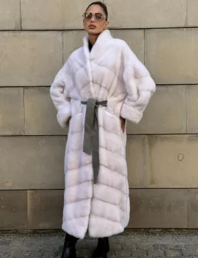 Норковая шуба с поясом, стойка воротник - цвет колотый лед