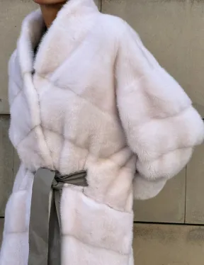 Норковая шуба с поясом, стойка воротник - цвет колотый лед