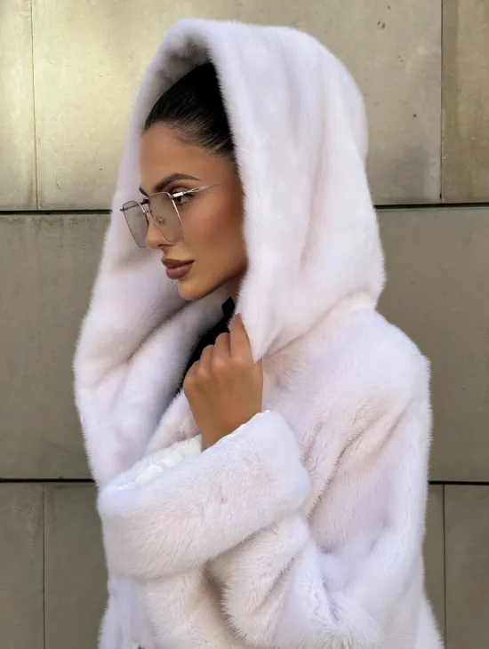 Шуба в диагональной выкладке меха норки White ice с капюшоном