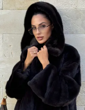 Шуба из аукционной норки с капюшоном роспуск - цвет уголь