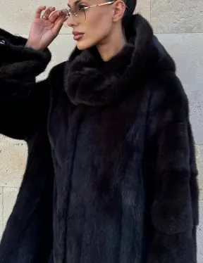 Шуба из аукционной норки с капюшоном роспуск - цвет уголь