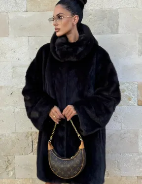 Шуба из аукционной норки с капюшоном роспуск - цвет уголь