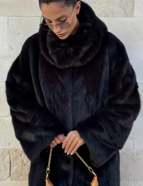 Шуба из аукционной норки с капюшоном роспуск - цвет уголь