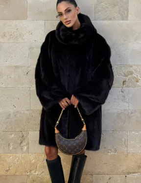 Шуба из аукционной норки с капюшоном роспуск - цвет уголь