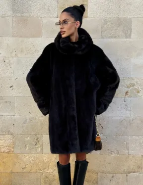 Шуба из аукционной норки с капюшоном роспуск - цвет уголь