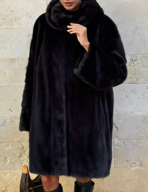 Шуба из аукционной норки с капюшоном роспуск - цвет уголь