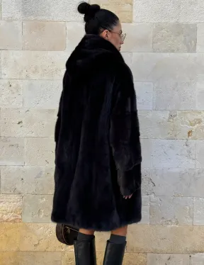 Шуба из аукционной норки с капюшоном роспуск - цвет уголь