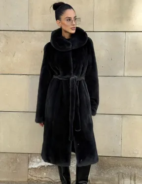 Шуба из меха импортной норки NAFA с капюшоном, цвет темный графит