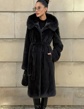 Шуба из меха импортной норки NAFA с капюшоном, цвет темный графит