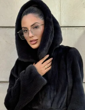 Шуба из меха импортной норки NAFA с капюшоном, цвет темный графит