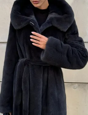 Шуба из меха импортной норки NAFA с капюшоном, цвет темный графит