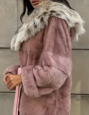 Шуба из натурального меха норки с капюшоном из рыси - цвет пудра