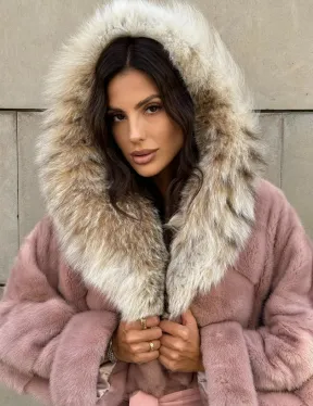 Шуба из натурального меха норки с капюшоном из рыси - цвет пудра