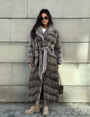 Шуба из аукционной скандинавской норки с английским воротником - цвет Silver (серый)