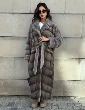 Шуба из аукционной скандинавской норки с английским воротником - цвет Silver (серый)