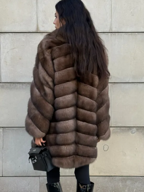 Меховое манто из баргузинского соболя с диагональной раскладкой, SILVER 1-2