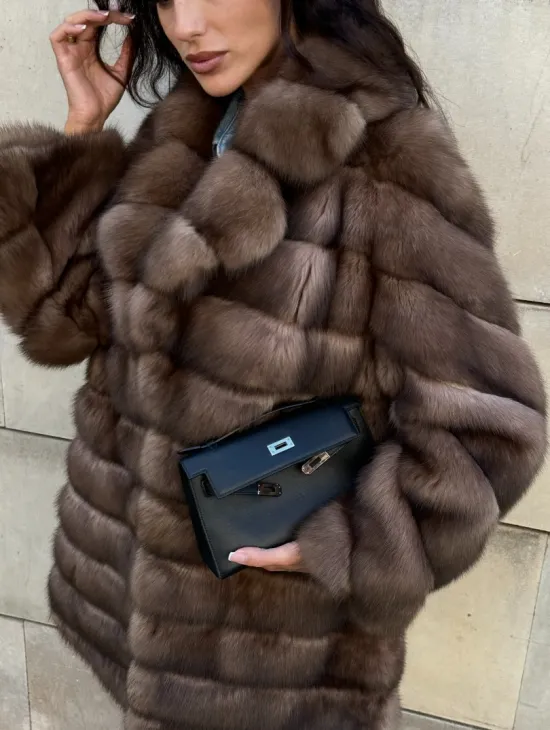 Меховое манто из баргузинского соболя с диагональной раскладкой, SILVER 1-2