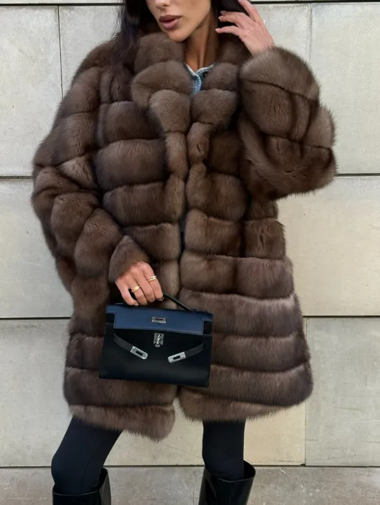 Меховое манто из баргузинского соболя с диагональной раскладкой, SILVER 1-2