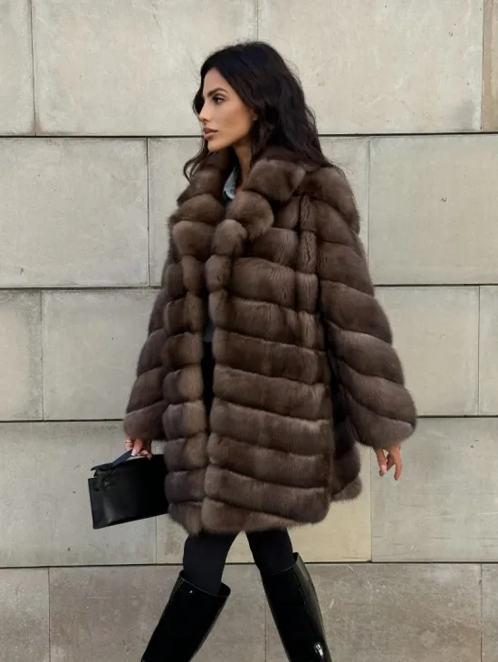 Меховое манто из баргузинского соболя с диагональной раскладкой, SILVER 1-2