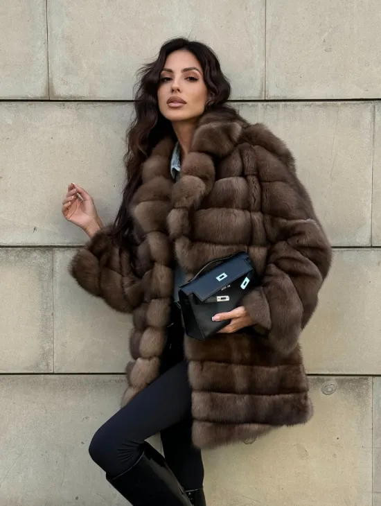 Меховое манто из баргузинского соболя с диагональной раскладкой, SILVER 1-2