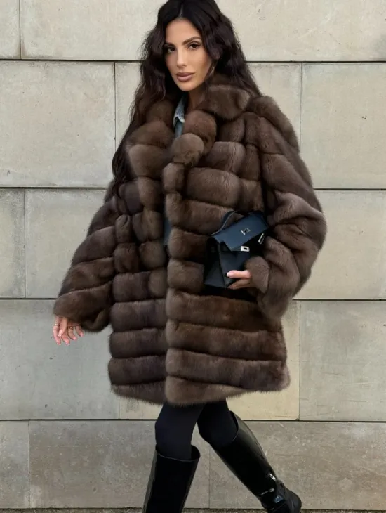 Меховое манто из баргузинского соболя с диагональной раскладкой, SILVER 1-2