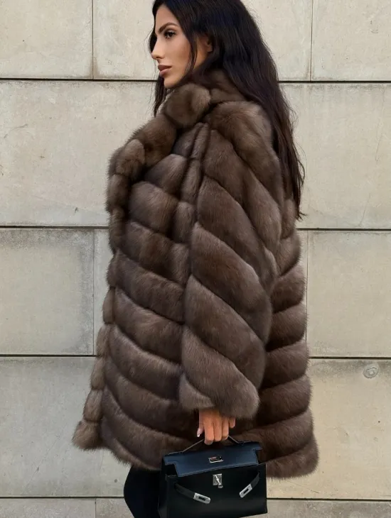 Меховое манто из баргузинского соболя с диагональной раскладкой, SILVER 1-2