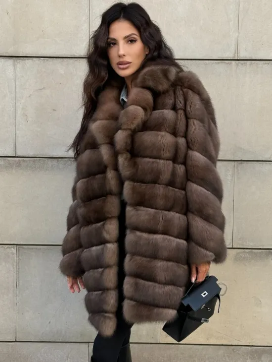 Меховое манто из баргузинского соболя с диагональной раскладкой, SILVER 1-2