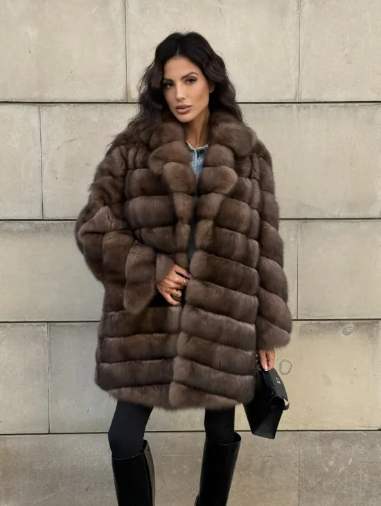 Меховое манто из баргузинского соболя с диагональной раскладкой, SILVER 1-2