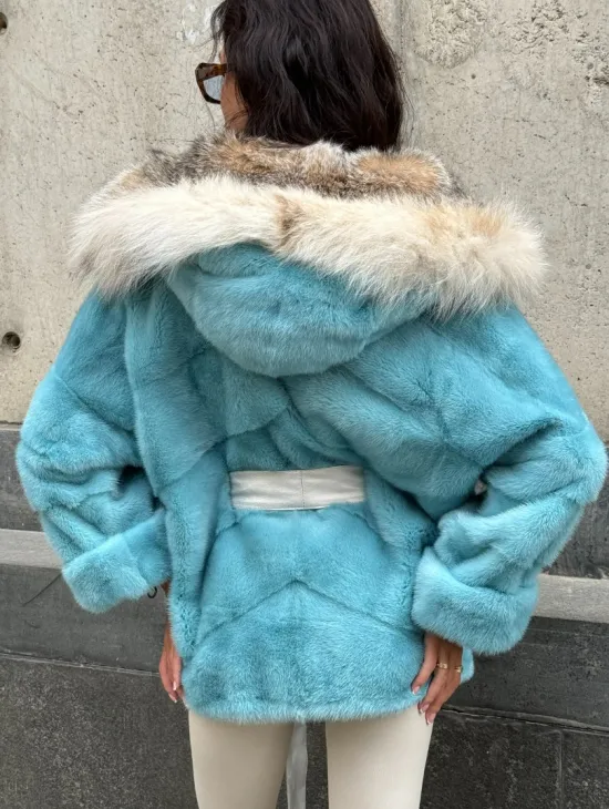 Шуба автоледи из норки с капюшоном из меха рыси - цвет Tiffany