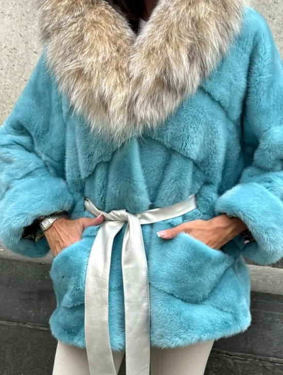 Шуба автоледи из норки с капюшоном из меха рыси - цвет Tiffany