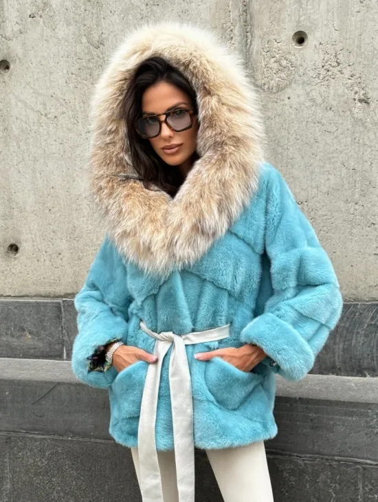 Шуба автоледи из норки с капюшоном из меха рыси - цвет Tiffany