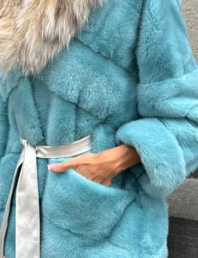 Шуба автоледи из норки с капюшоном из меха рыси - цвет Tiffany