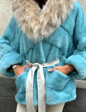 Шуба автоледи из норки с капюшоном из меха рыси - цвет Tiffany