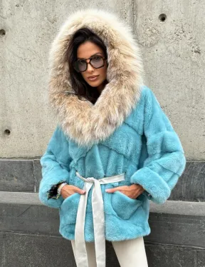 Шуба автоледи из норки с капюшоном из меха рыси - цвет Tiffany