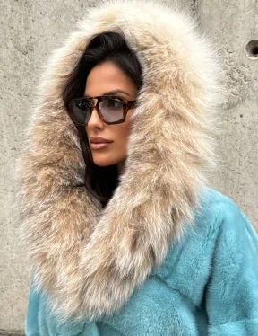 Шуба автоледи из норки с капюшоном из меха рыси - цвет Tiffany