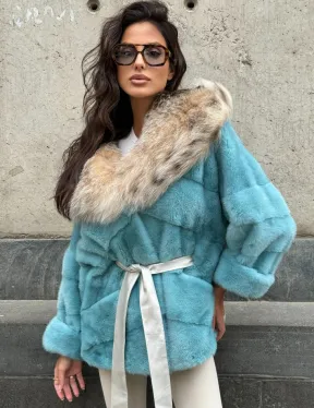 Шуба автоледи из норки с капюшоном из меха рыси - цвет Tiffany